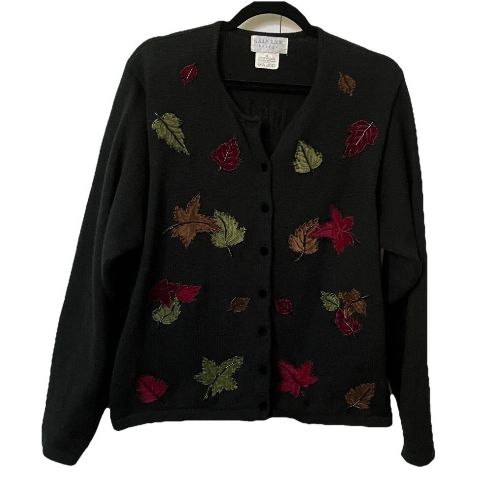 Vintage Rainbow Bridge Cardigan Womens XL Black Beaded Leaf‎ Fall Autumn Granny